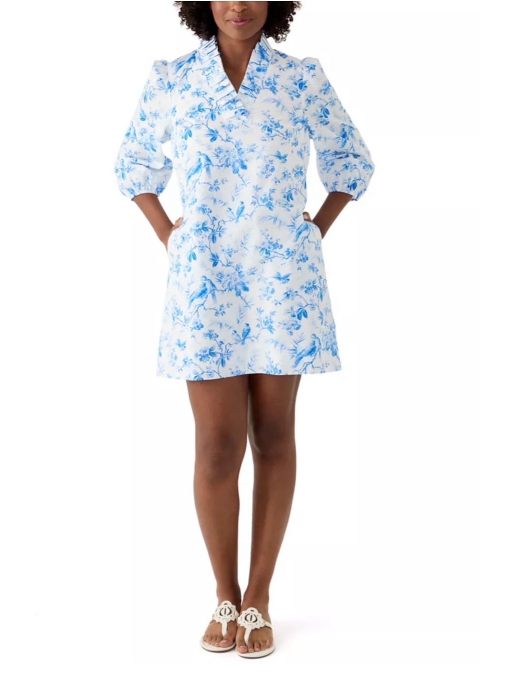 Crown & Ivy Blue White Bird Floral Cotton Shift Dress Ruffle Neck 3/4 Sleeve L